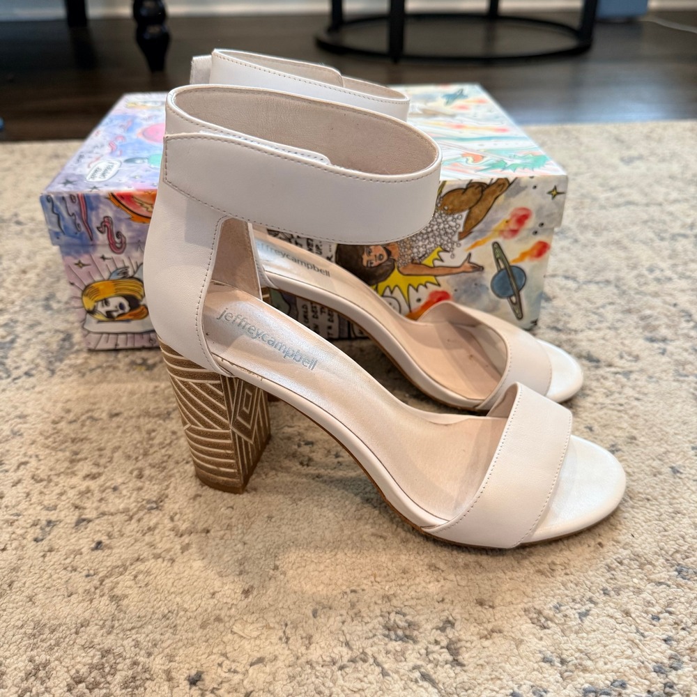 Jeffrey Campbell Lindsay White Leather Geometric Block Heel Sandals Size 8